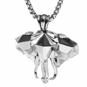3D geometric elephant pendant necklace in polished silver finish with long box chain