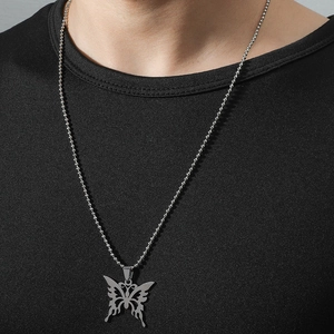 Collier Pendentif Papillon Évidé en Acier Inoxydable et Titane Punk Hip Hop Chaîne à Billes Bijoux Argent pour Hommes Femmes