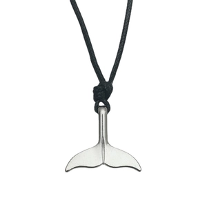 Minimalist whale tail pendant necklace with polished silver finish and black cord rope