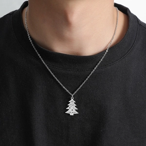 Collier Pendentif Sapin de Noël en Acier Inoxydable pour Femme Motif Étoile Spirale Ajouré Bijoux Festifs Chaîne Argent