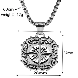 Detailed view of Viking compass pendant with dimensions 32mm by 28mm and 60cm box chain