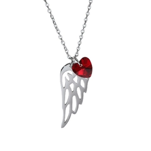 Collana minimalista con ala d'angelo in argento e pietra rossa a forma di cuore