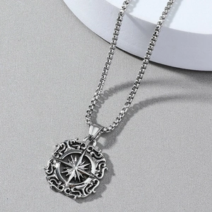 Nordic compass amulet pendant necklace with vintage silver finish and box chain