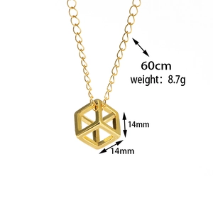 Detail view of 60cm gold chain showing 14mm hollow cube pendant with dimensions