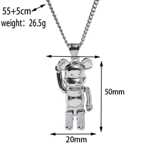 Detailed view of hip-hop style silver bear pendant with 50x20mm size and 60cm chain length