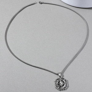 Vintage Nordic compass amulet pendant necklace with intricate viking star engraving