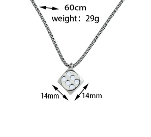 Detail view of silver dice pendant showing 60cm chain length and 14mm size specs
