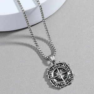 Nordic Viking compass pendant necklace in vintage silver with stainless steel box chain