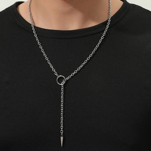 Minimalistische Titanstahl Y Halskette Konischer Stachel Anhänger Geometrischer Ring Lange Kette Hip Hop Punk Schmuck