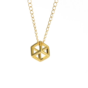 Golden hip hop cube pendant necklace with hollow geometric 3D design on a fine chain