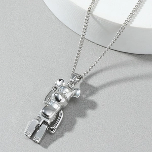 Polished silver mechanical bear pendant on a delicate chain for trendy hip-hop styling