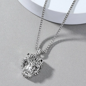 Collier rétro pour hommes avec pendentif tête de tigre en argent et gravure 3D précise