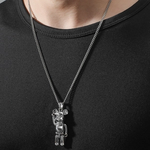 Hip Hop Titanium Steel Bear Pendant Necklace For Women Men Punk Street Style Stainless Steel Mechanical Bear Sweater Chain
