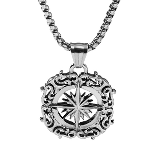 Nordic Viking compass amulet pendant in matte silver steel on a classic box chain