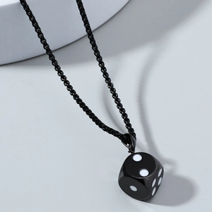 Minimalist black dice pendant necklace for men made of stainless steel with a beaded chain