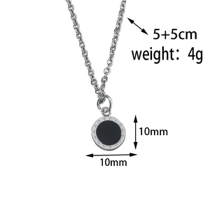Detail of round pendant necklace with 5cm extension chain and 10mm size specifications