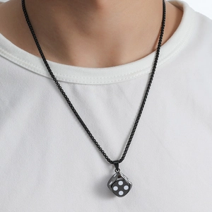Minimalist black dice pendant necklace with matching bead chain for men and women