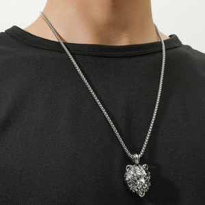 Collier pendentif tête d'ours argenté vintage pour hommes style punk hip hop chic