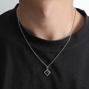 Hip hop silver cross chain necklace for men with minimalist black square geometric pendant