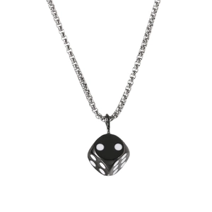 Men's stainless steel box chain necklace with a black minimalist dice pendant