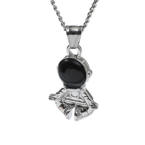 Hip hop style silver astronaut necklace featuring a meditating spaceman pendant with black visor
