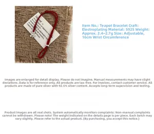 Detail of adjustable red string bracelet featuring S925 sterling silver teapot pendant