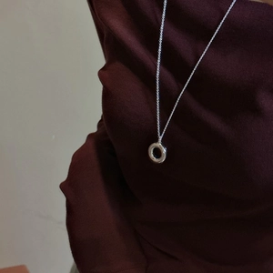 S925 Sterling Silver hollow circle necklace with a minimalist frosted pendant design