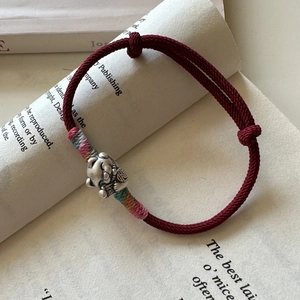 Bracelet en Argent Sterling 925 Avec Charme Chat de la Fortune Corde Tressée Rouge pour Femme Réglable Bijoux Chinois