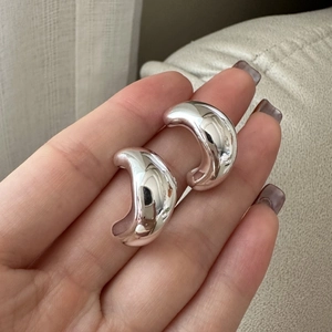 925 Sterling Silver C Shaped Chunky Hoop Earrings For Women Minimalist Polished Geometric Stud Earrings Vintage Korean Style Jewelry