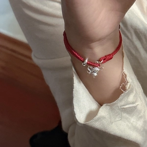 S925 sterling silver teapot charm on a red braided rope bracelet for women in retro style