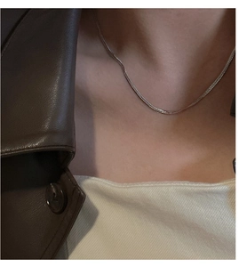 Close-up of minimalist S925 sterling silver flat snake chain necklace worn on the collarbone
