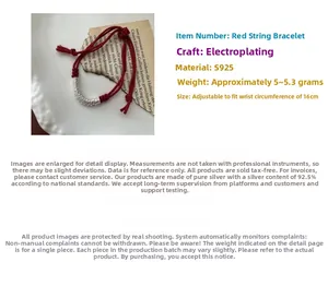 Detailed shot of S925 sterling silver bead on a red braided rope adjustable bracelet