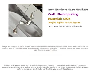 Detail showing the 76cm adjustable S925 sterling silver heart leaf necklace with matte finish