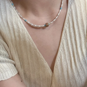 Handmade S925 silver beaded necklace with turquoise accents and center square stone