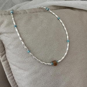 S925 sterling silver beaded necklace with turquoise stones and wooden square pendant