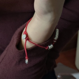 Minimalist S925 sterling silver red braided rope bracelet with cylindrical metal beads