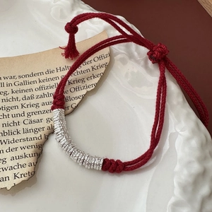 S925 Sterling Silver New Year Red Rope Bracelet For Women Vintage Ethnic Hand Woven Hammered Adjustable Jewelry Gift