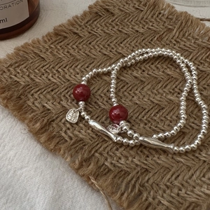 925 Sterling Silver Cinnabar Beaded Bracelet For Women Chinese Vintage Style Fish Fu Character Blessing Good Luck Jewelry