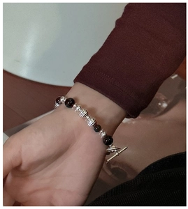 Detail of S925 silver beaded bracelet with black agate beads and vintage OT clasp closure