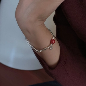 S925 sterling silver beaded bracelet with red cinnabar, fish charm and blessing tag
