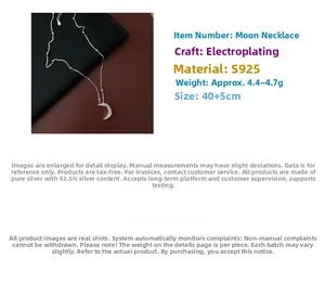 Macro shot of S925 sterling silver moon pendant showing dimensions and texture details