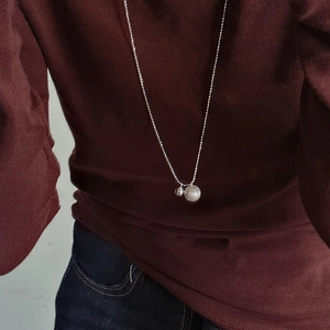 Minimalist S925 sterling silver frosted double sphere pendant long sweater necklace