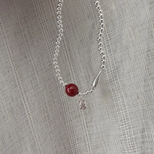 S925 Sterling Silver Cinnabar Beaded Bracelet featuring a Fu charm and red bead accent