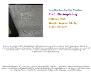 Détail du collier sourire en argent sterling S925 avec spécifications de poids et de dimensions