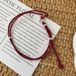 Handmade S925 sterling silver red cord bracelet with smiley face charm and silver beads