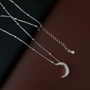 925 Sterling Silver Crescent Moon Necklace For Women Vintage Hammered Textured Pendant Satellite Bead Chain Jewelry Gift