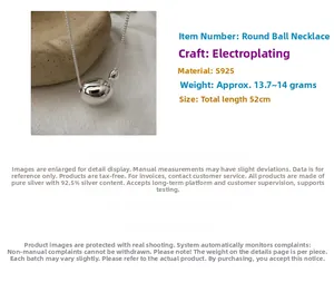 Macro detail of S925 sterling silver ball pendant necklace with 52cm chain