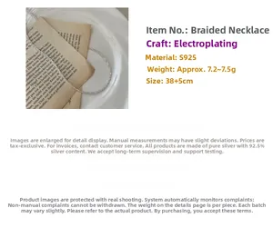 Detailed specs of S925 sterling silver woven necklace weighing 7.2g with 38+5cm chain