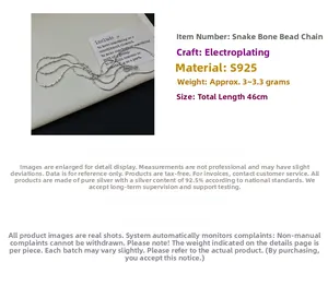 Close-up of S925 sterling silver snake bone chain with beads and electroplated finish