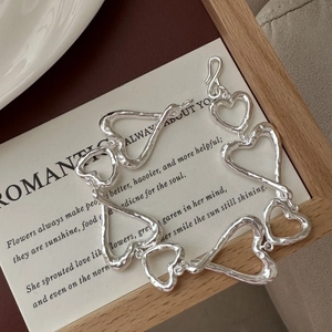 Bracelet Cœur en Argent Sterling S925 pour Femmes Rétro Minimaliste Texturé Design Métal Liquide Bijoux de Mode